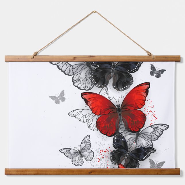 Flying Black and Red Morpho Butterflies Hanging Tapestry (Front)