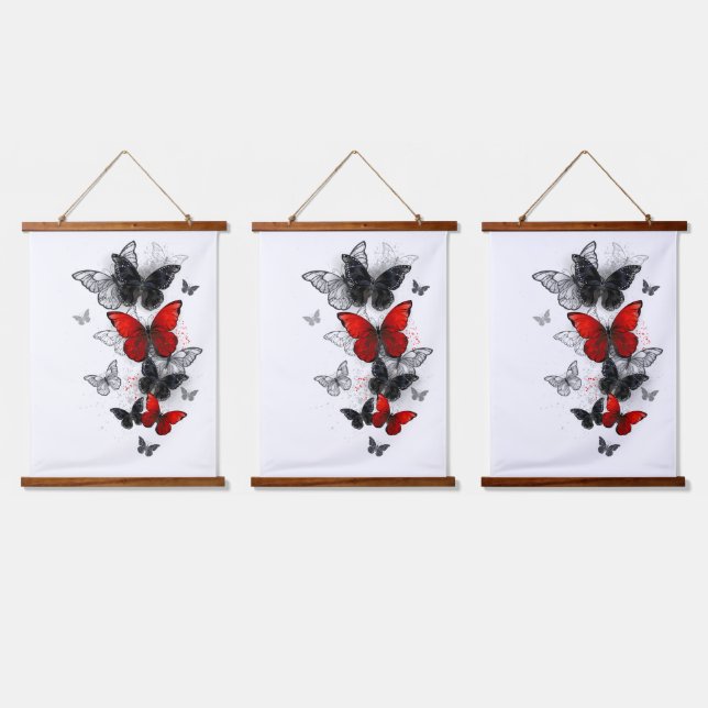 Flying Black and Red Morpho Butterflies Hanging Tapestry (Triple)