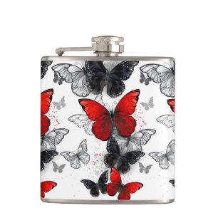 Flying Black and Red Morpho Butterflies Hip Flask