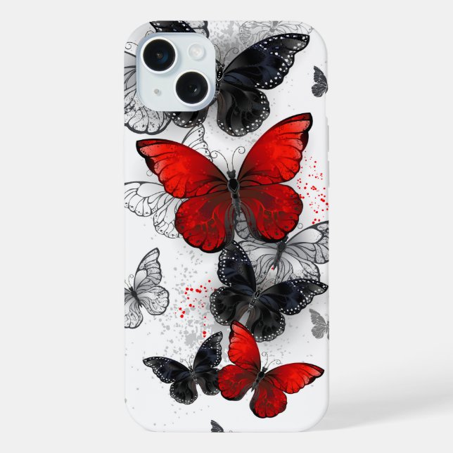 Flying Black and Red Morpho Butterflies iPhone Case (Back)