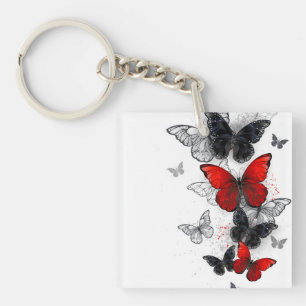 Flying Black and Red Morpho Butterflies Key Ring