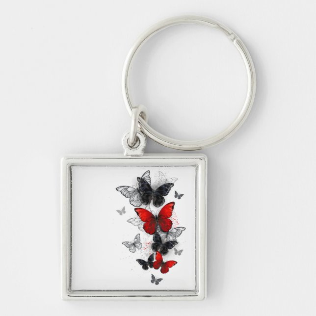 Flying Black and Red Morpho Butterflies Key Ring (Front)