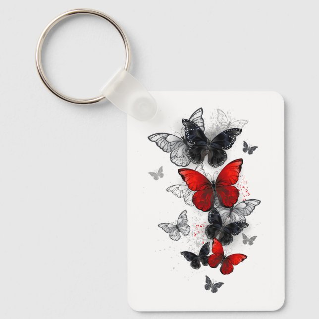 Flying Black and Red Morpho Butterflies Key Ring (Front)