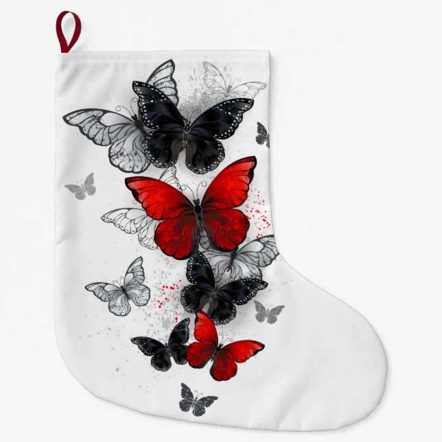 Flying Black and Red Morpho Butterflies Large Christmas Stocking (Front)