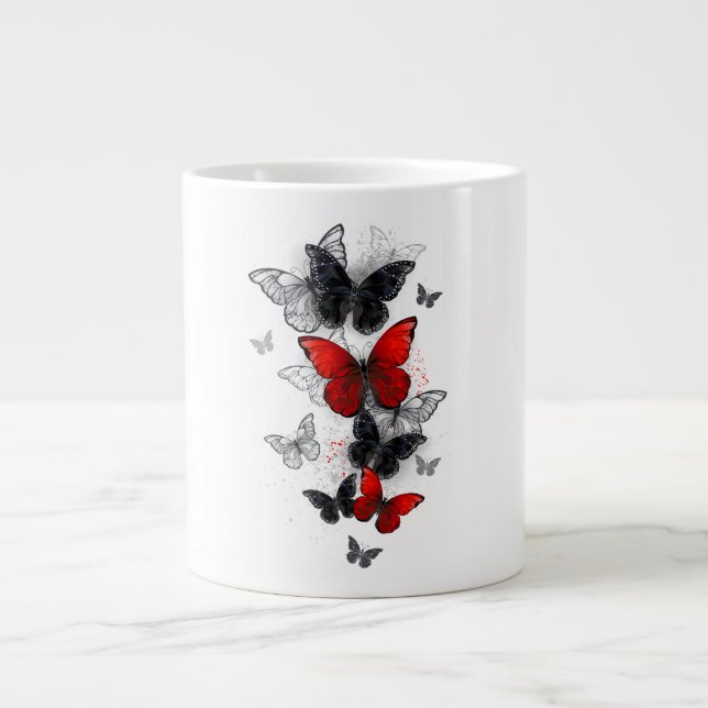 Flying Black and Red Morpho Butterflies Large Coffee Mug (Front)