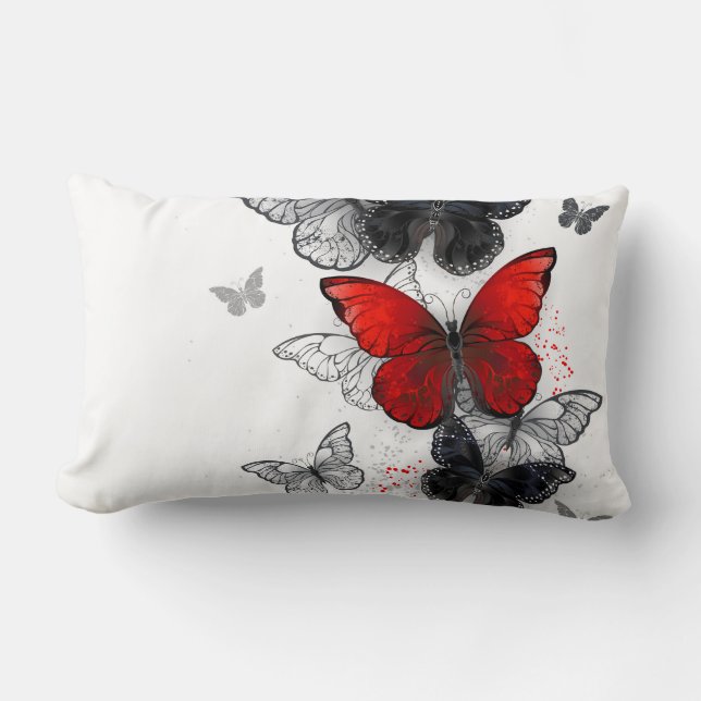 Flying Black and Red Morpho Butterflies Lumbar Cushion (Front)