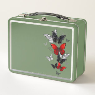 Flying Black and Red Morpho Butterflies Metal Lunch Box