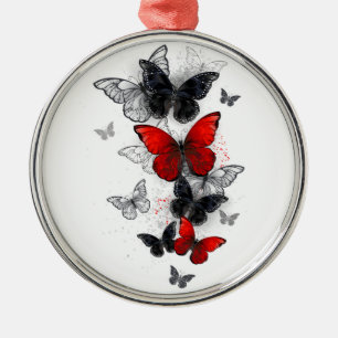 Flying Black and Red Morpho Butterflies Metal Ornament