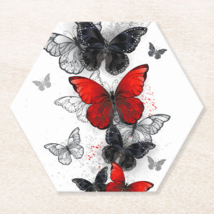 Flying Black and Red Morpho Butterflies Paper Coaster