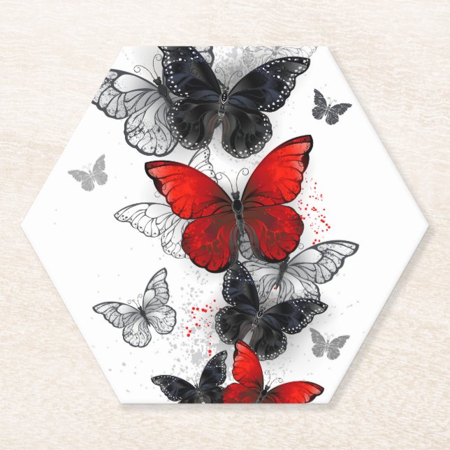 Flying Black and Red Morpho Butterflies Paper Coaster (Front)