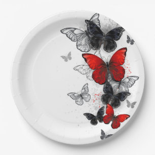 Flying Black and Red Morpho Butterflies Paper Plate