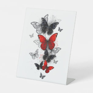 Flying Black and Red Morpho Butterflies Pedestal Sign