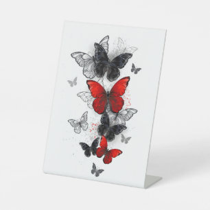 Flying Black and Red Morpho Butterflies Pedestal Sign
