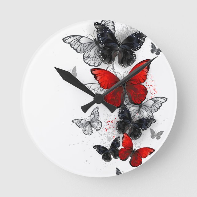 Flying Black and Red Morpho Butterflies Round Clock (Front)