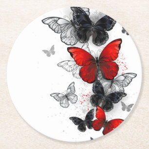 Flying Black and Red Morpho Butterflies Round Paper Coaster