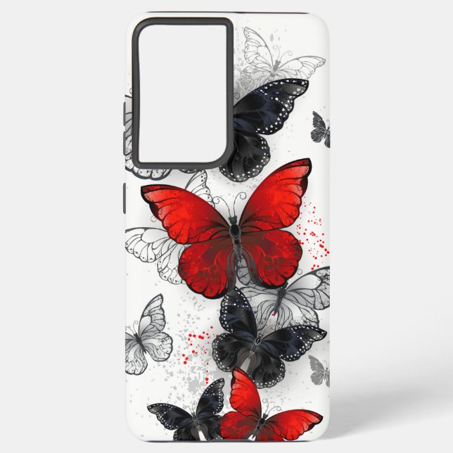 Flying Black and Red Morpho Butterflies Samsung Galaxy S21 Ultra Case (Back)
