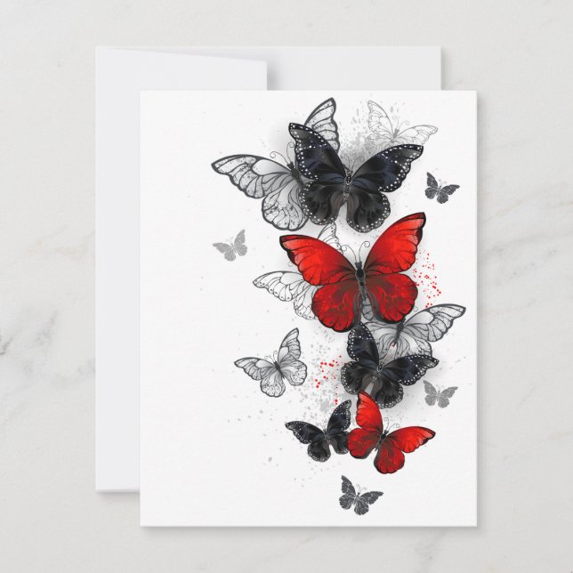 Flying Black and Red Morpho Butterflies Save The Date (Front)