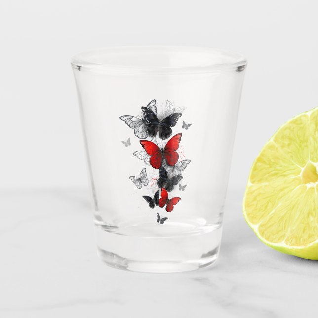 Flying Black and Red Morpho Butterflies Shot Glass (Front)