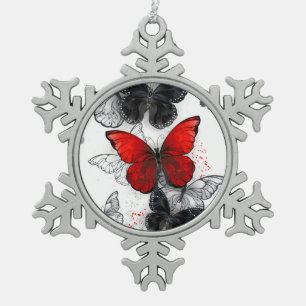 Flying Black and Red Morpho Butterflies Snowflake Pewter Christmas Ornament