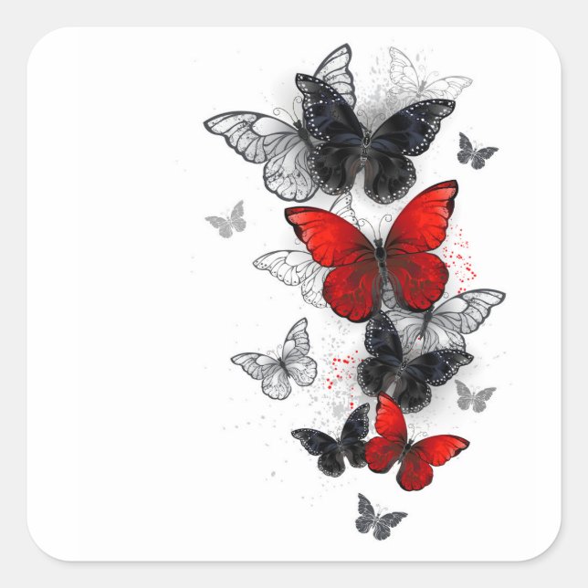 Flying Black and Red Morpho Butterflies Square Sticker (Front)
