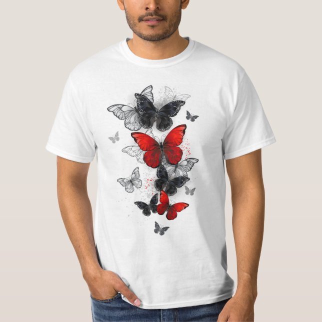 Flying Black and Red Morpho Butterflies T-Shirt (Front)