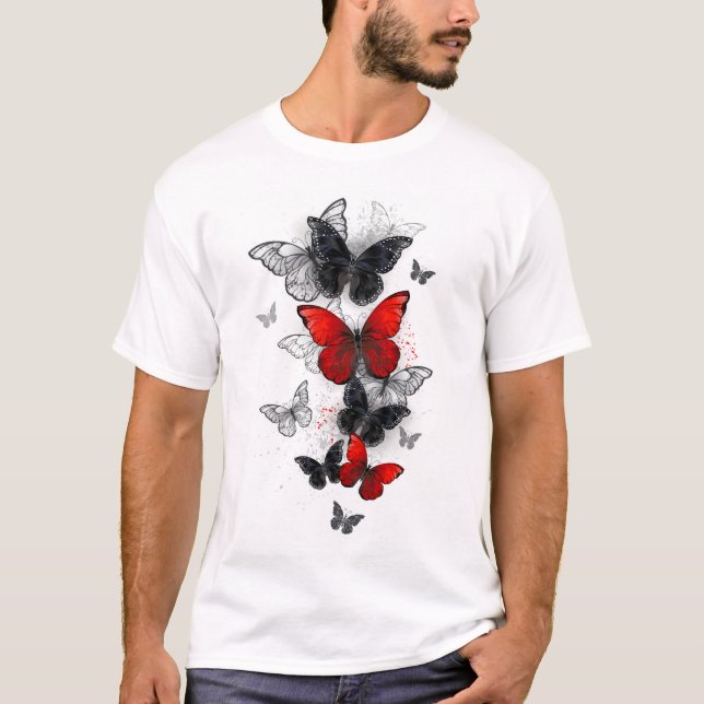 Flying Black and Red Morpho Butterflies T-Shirt (Front)