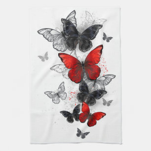 Flying Black and Red Morpho Butterflies Tea Towel