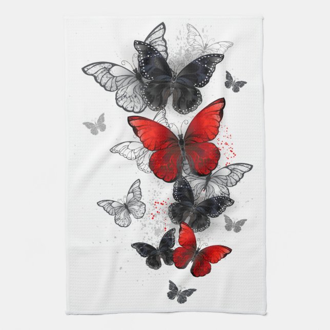 Flying Black and Red Morpho Butterflies Tea Towel (Vertical)