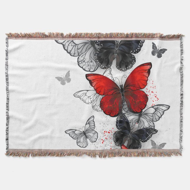 Flying Black and Red Morpho Butterflies Throw Blanket (Front)