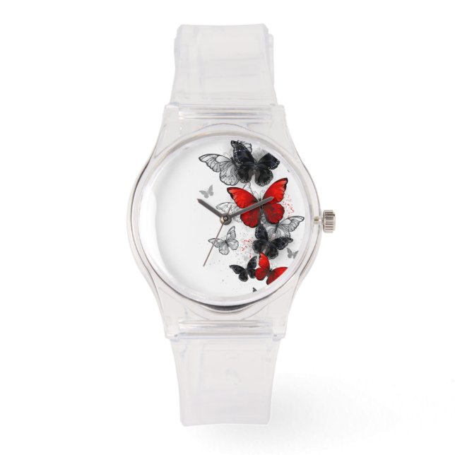 Flying Black and Red Morpho Butterflies Watch (Front)