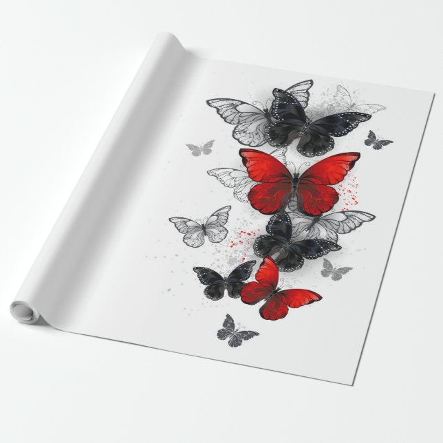 Flying Black and Red Morpho Butterflies Wrapping Paper (Unrolled)
