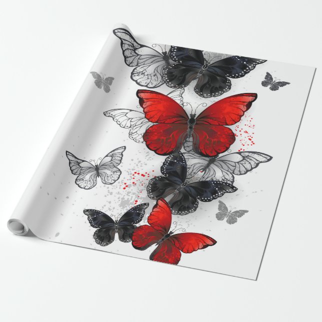 Flying Black and Red Morpho Butterflies Wrapping Paper (Unrolled)