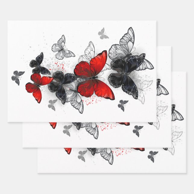 Flying Black and Red Morpho Butterflies Wrapping Paper Sheet (Set)