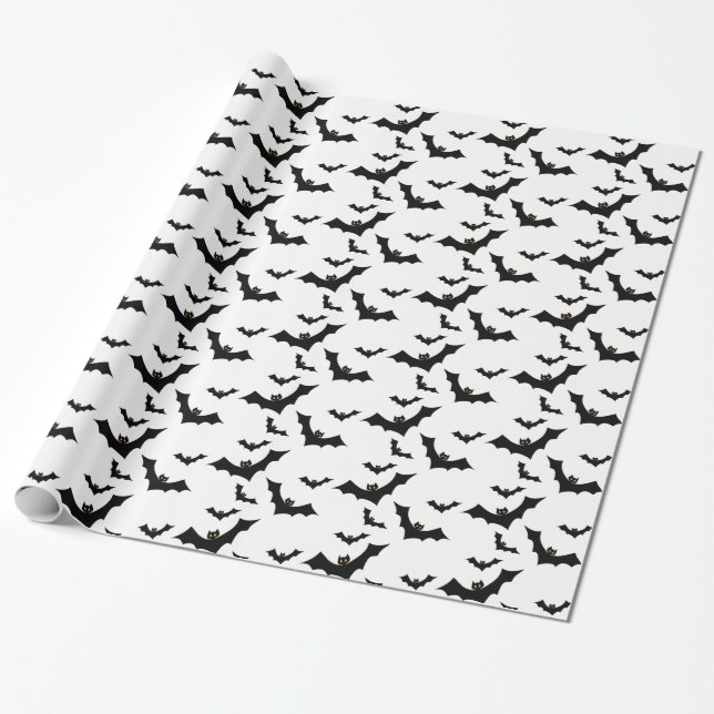 Flying Black Bats on White Background Wrapping Paper (Unrolled)