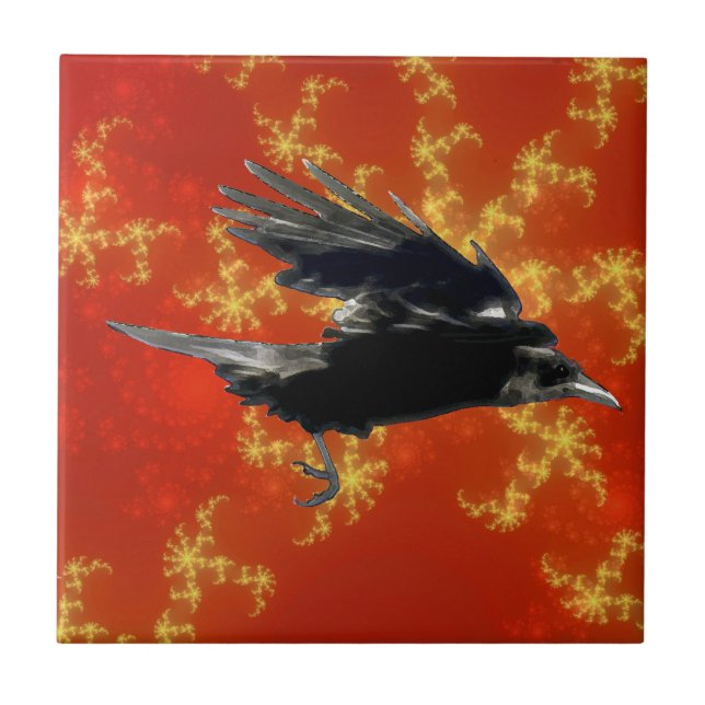 Flying Black Crow Art for Birdlovers Ceramic Tile (Front)