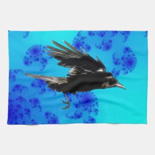 Flying Black Crow Art for Birdlovers Tea Towel