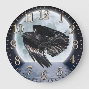 Flying Black Raven & Full Moon Large Clock