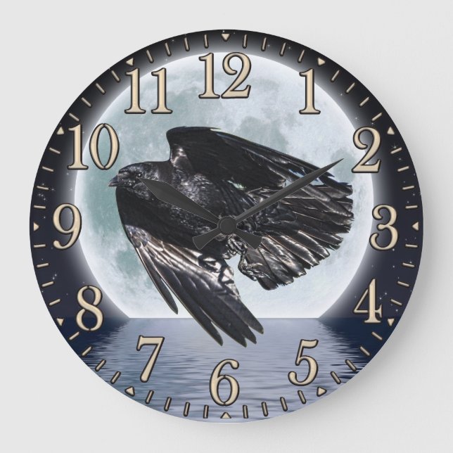 Flying Black Raven & Full Moon Large Clock (Front)