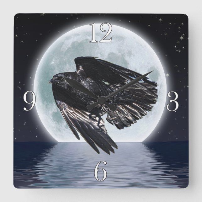 Flying Black Raven & Full Moon Square Wall Clock (Front)
