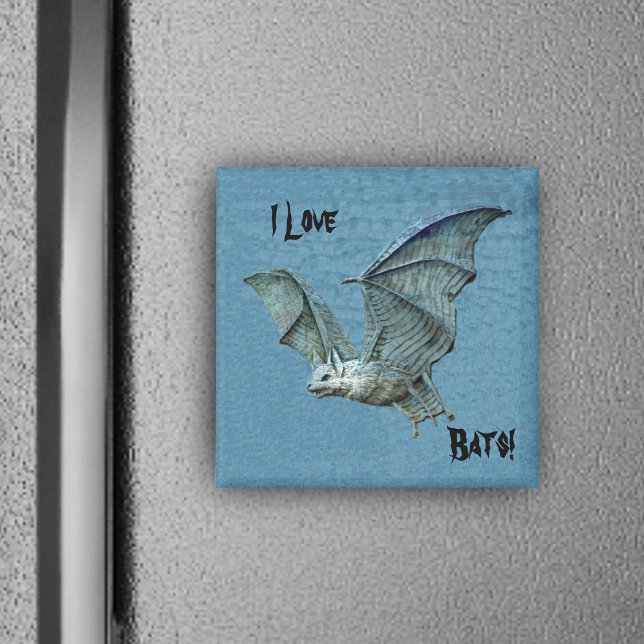 Flying Blue Bat Relief Magnet (I love Bats blue magnet with flying blue bat white face.)
