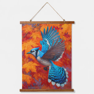 Flying Blue Jay Red Autumn Leaves Art Hanging Tapestry
