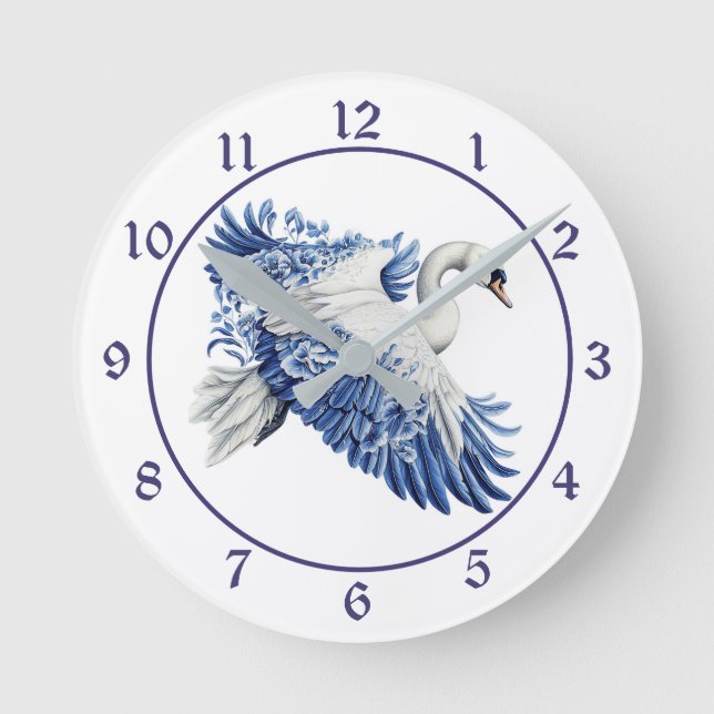 Flying Blue Swan Floral Round Clock (Front)