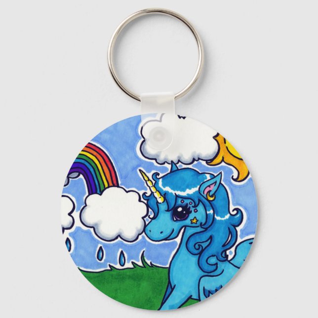 Flying Blue Unicorn with rainbow Key Ring (Front)