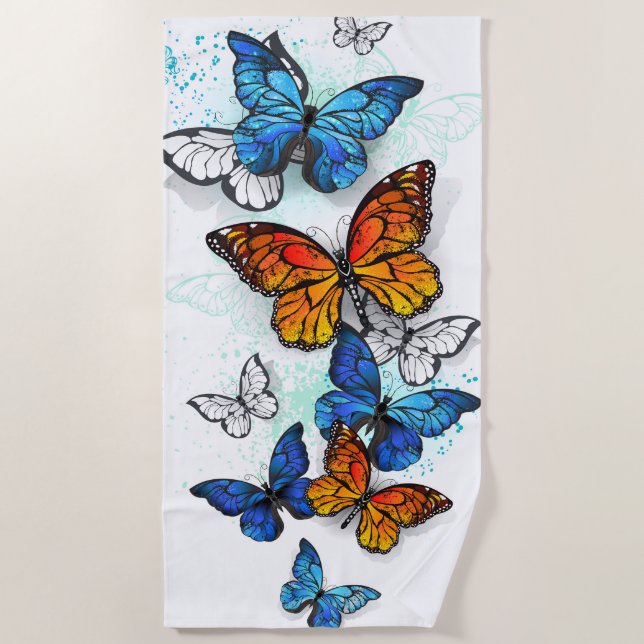 Flying Butterflies Morpho and Monarch Beach Towel (Front)