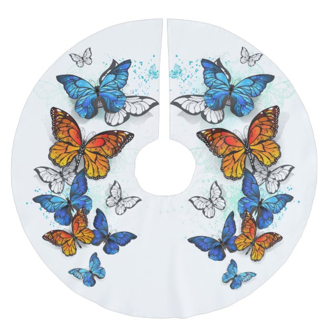 Flying Butterflies Morpho and Monarch Brushed Polyester Tree Skirt (Front)
