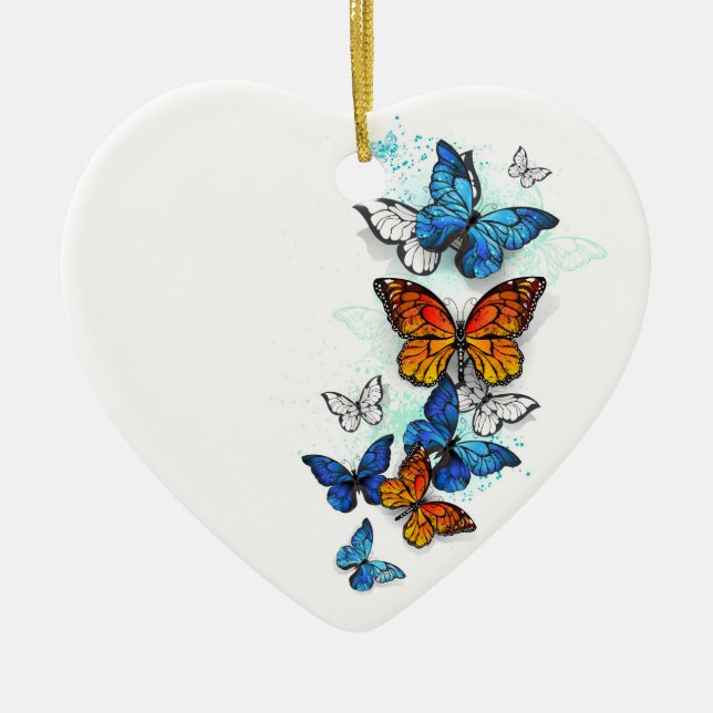 Flying Butterflies Morpho and Monarch Ceramic Ornament (Front)