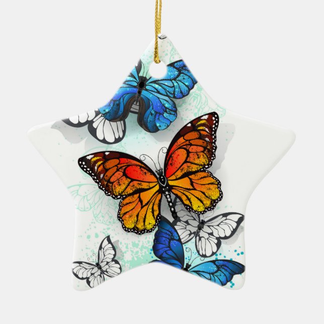 Flying Butterflies Morpho and Monarch Ceramic Ornament (Front)