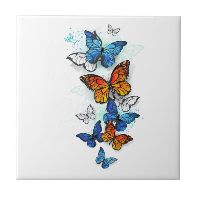 Flying Butterflies Morpho and Monarch Ceramic Tile (Front)