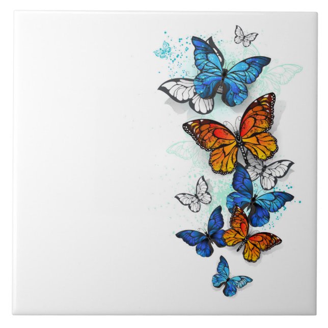 Flying Butterflies Morpho and Monarch Ceramic Tile (Front)