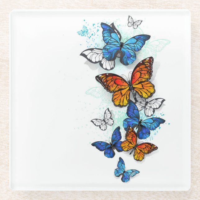Flying Butterflies Morpho and Monarch Glass Coaster (Front)